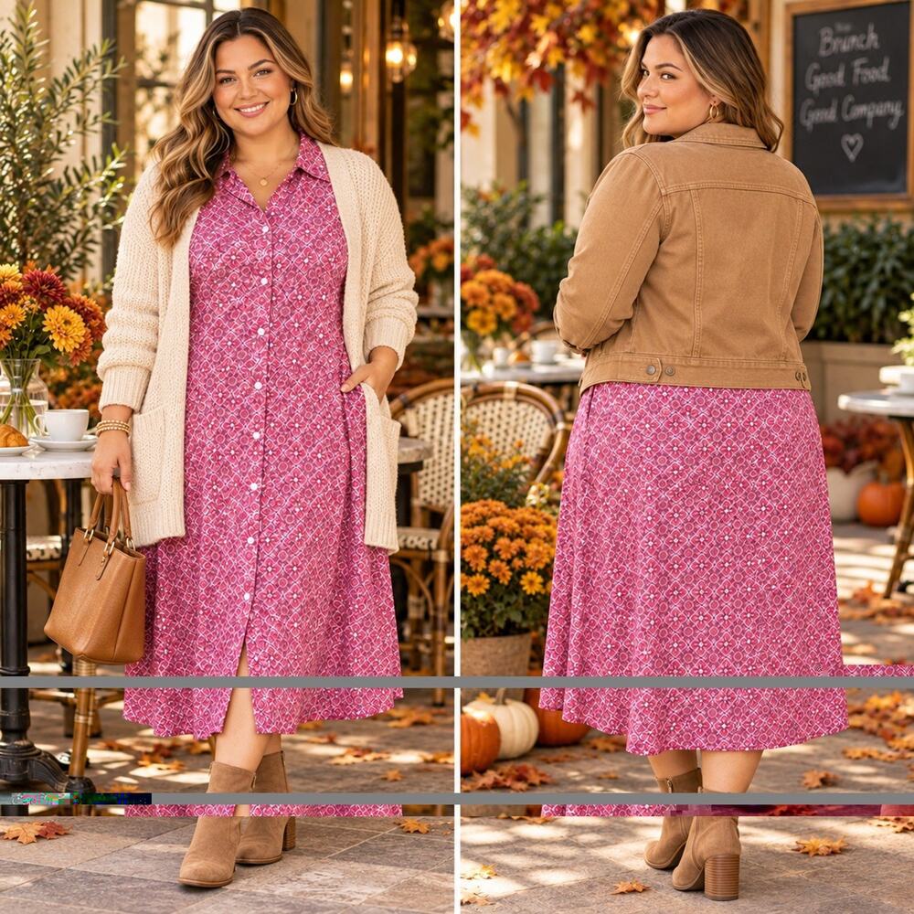 Croft & Barrow 2X Pink Burgundy Geometric Midi Dress Boho Fall Layering Flowy